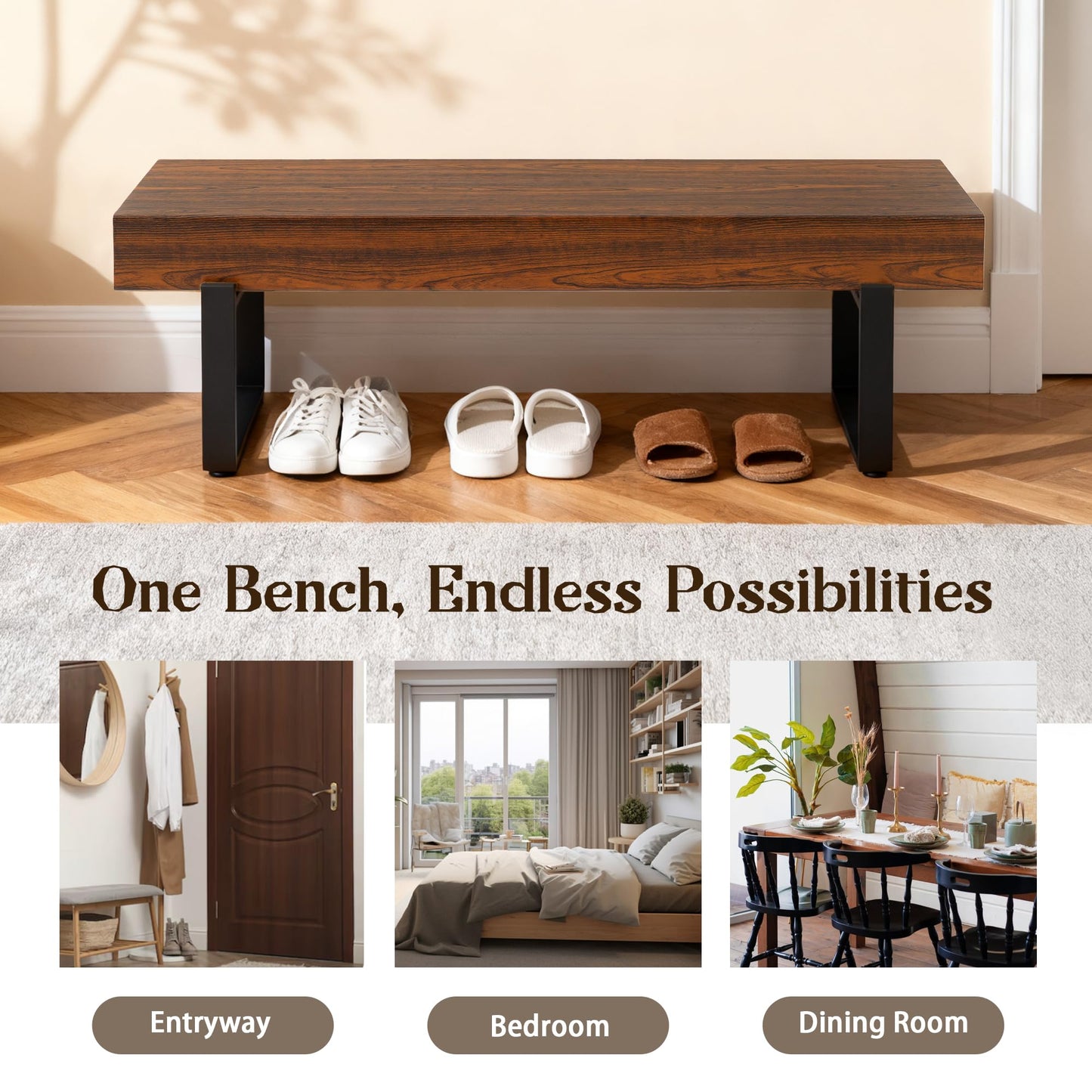 GDFStudio Modern Wooden Bench with Metal Legs, Entryway Shoe Bench Indoor, Dining Seating Bench with Thick MDF Top, Industrial Style Bedroom Bench, Sturdy Multi Use Furniture, Espresso