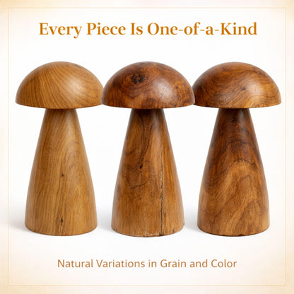 JOLLYMER Solid Teak Wood Mushroom Decor, Handmade Wooden Sculpture Rustic Boho Tabletop Accent, Natural Wood Grain Home Decoration Figurine for Living Room, Shelf, Coffee Table Indoor Decor