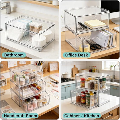 Prsildan Acrylic Makeup Organizer, 3 Pack Stackable Clear Storage Drawers for Baby Bottles Desk Organizers with 3 Drawers for Countertop Vanity Nursery Modular System for Cosmetics Jewelry