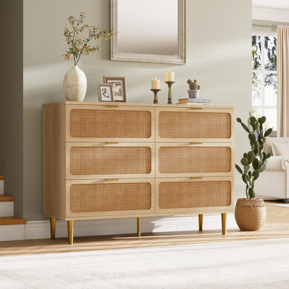GarveeHome Rattan 6 Drawer Dresser for Bedroom, Large Double Dresser with Deep Drawers, Wooden Chest of Drawers for Closet with Wide Top, for Living Room, Hallway, Kids Room, Natural