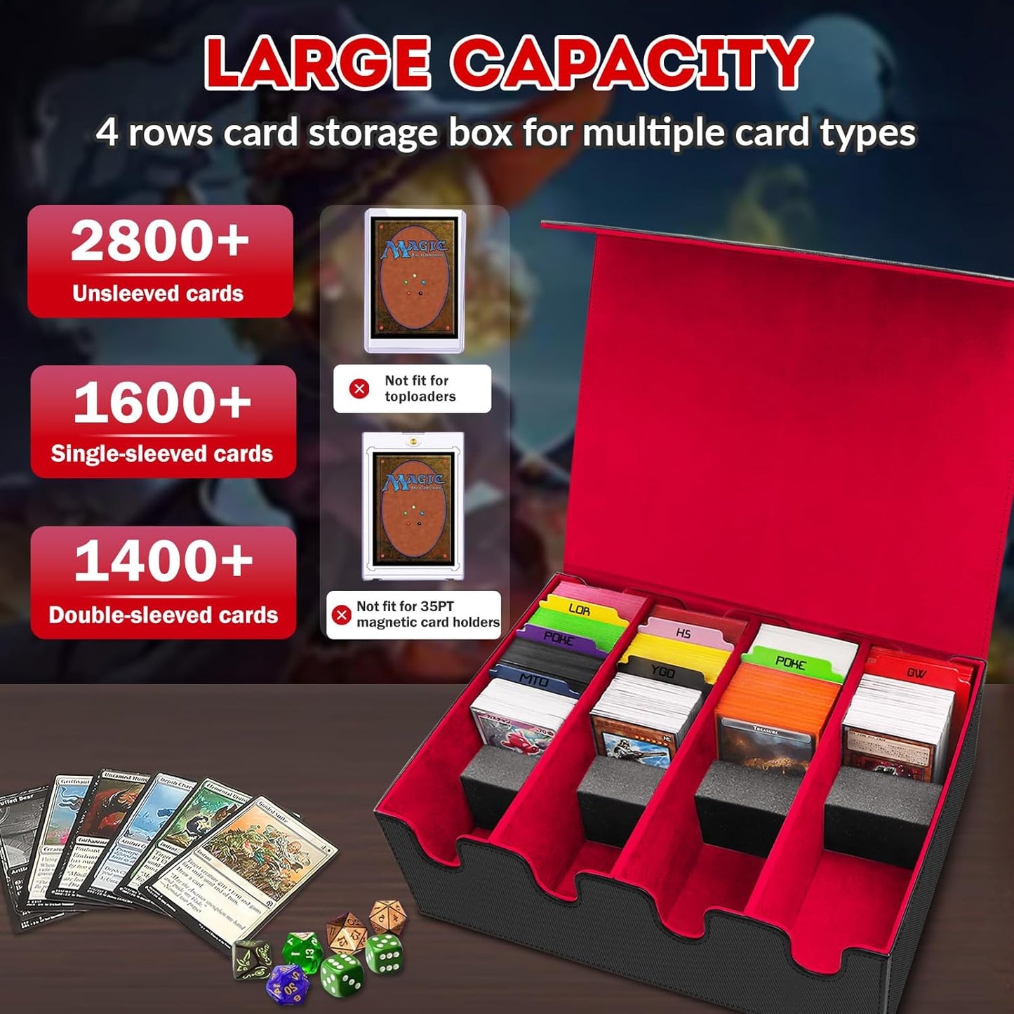 PU Leather Card Storage Box - 2800 Card Deck Case with Magnetic Closure, 10 Dividers & 4 Stoppers, Suitable for MTG, YuGiOh & Sports Cards