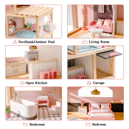ROBOTIME Wooden Dollhouse, Doll House with 29 Pieces Furniture Set - Pool and Elevator, Wooden Doll House for 4, 5, 6-Inch Dolls, 6 Rooms Pink Dollhouse Gift for Kids Girls Ages 3+ (Black)