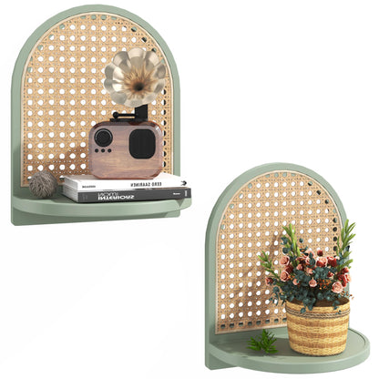MVPSONAG Rattan Shelf Set of 2, 7'' Rattan Shelf with Wicker Decor, Boho Wall Decor Small Floating Shelf for Plant Figurines Display, Mini Shelves for Knick Knack Storage, Green