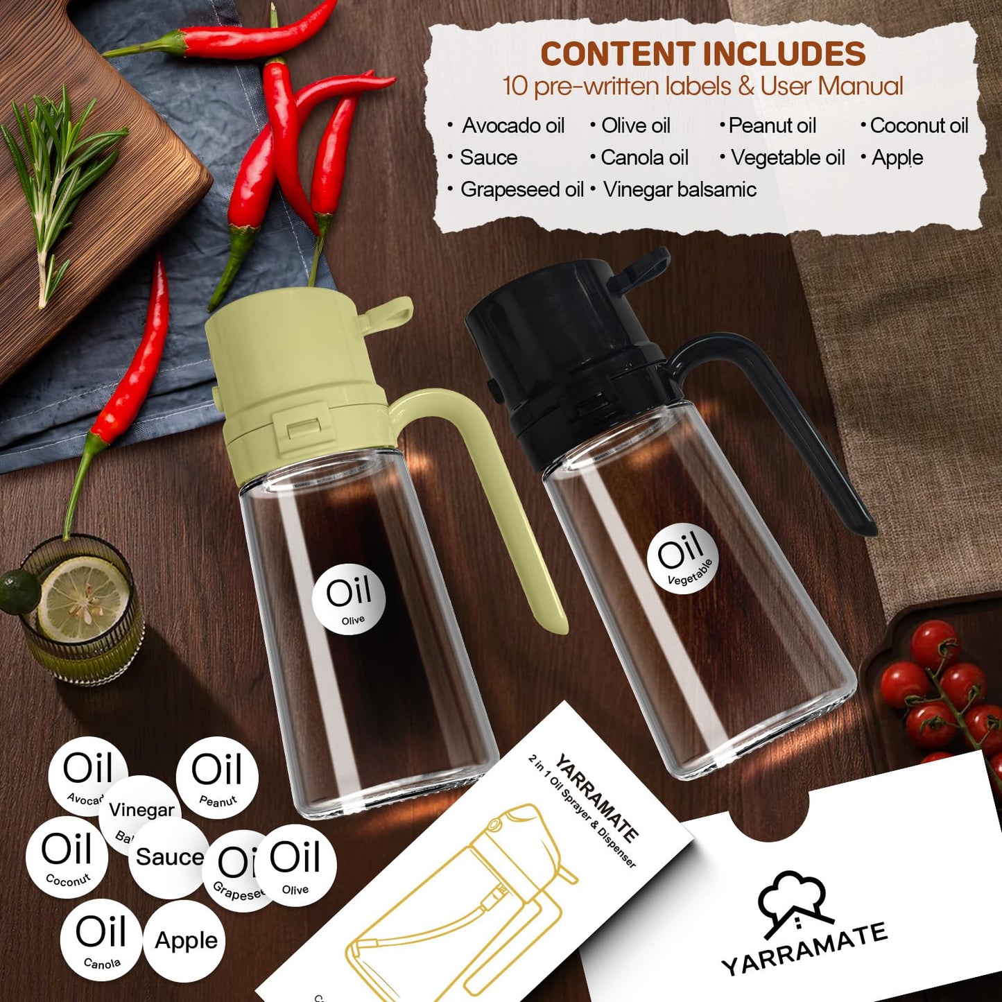YARRAMATE 16oz/470ml Easy Refillable Oil Sprayer for Cooking, 2 in 1 Oil Dispenser for Kitchen and Oil Sprayer Bottle, Food-Grade Glass Oil Mister with Simple Open Design, Air Fryer,BBQ (Black)