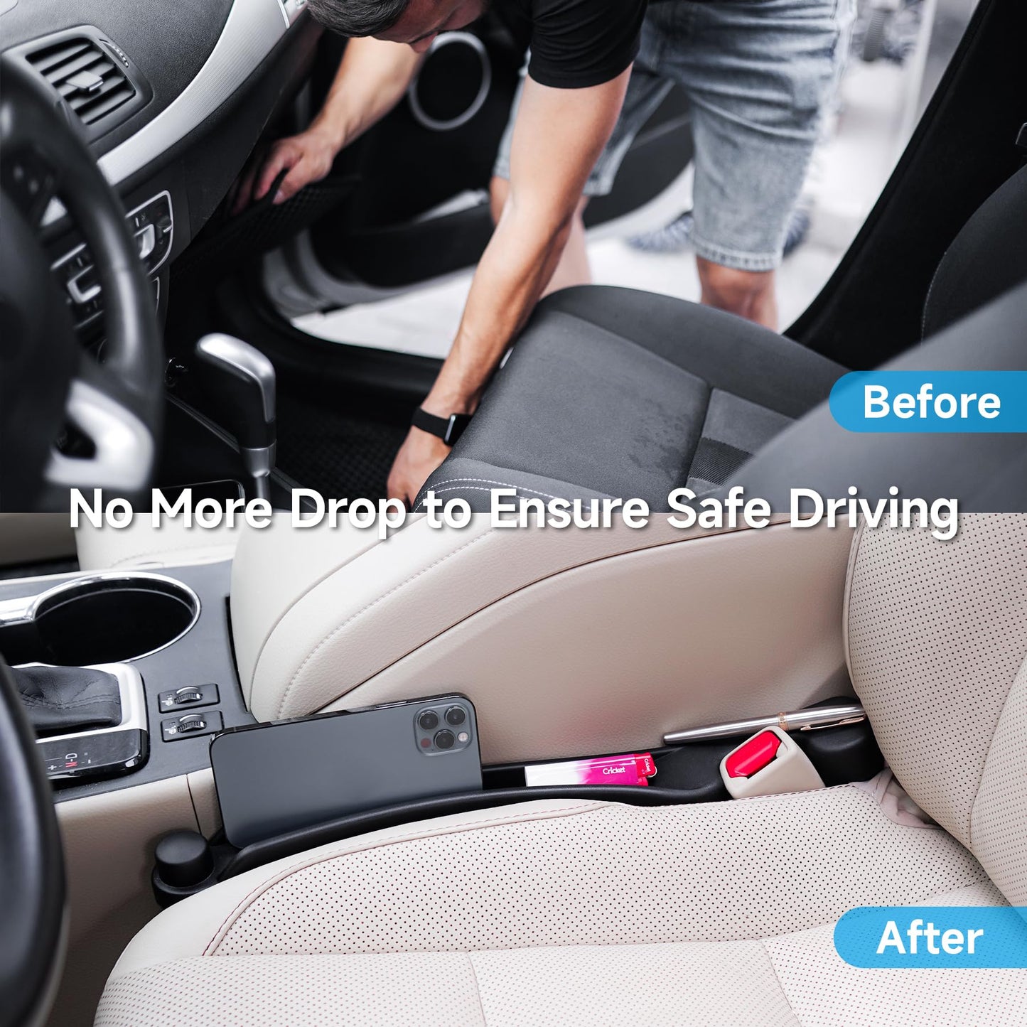 Car Seat Gap Filler Set of 2, 3IN1 Seat Side Gap Filler Plug with Storage Slot & Hook Function, Soft Foam Universal Fit Car SUV Truck Fill Gap Between Seats Console Organizer（Narrow Black）