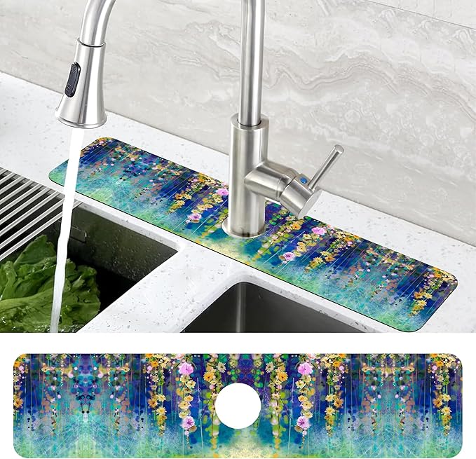 Abstract Watercolor Floral Kitchen Sink Splash Guard Mat Absorbent Fast Drying