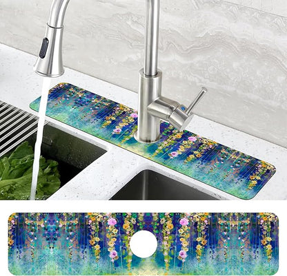 Abstract Watercolor Floral Kitchen Sink Splash Guard Mat Absorbent Fast Drying