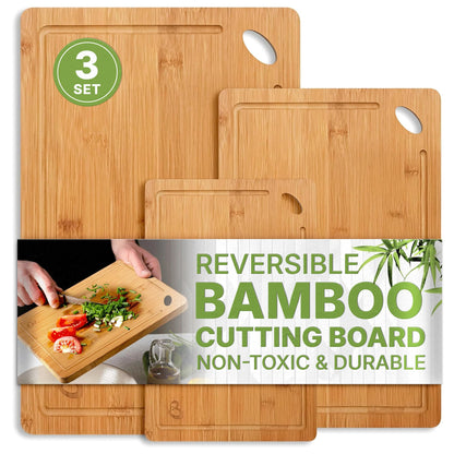 Wood Cutting Boards Set of 3 – Non-Toxic Bamboo Chopping Boards for Kitchen with Deep Juice Grooves – Durable, Eco-Friendly Wooden Serving Boards for Meat, Vegetables & Fruit
