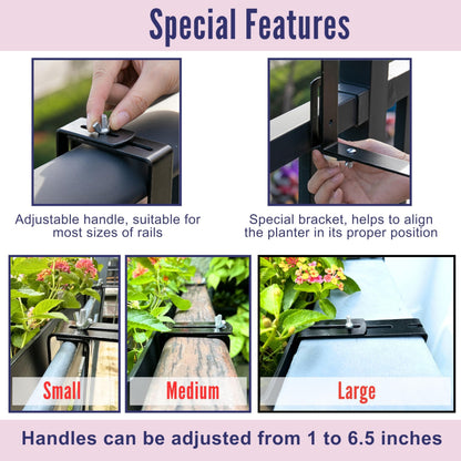 LaLaGreen Deck Railing Planter Box (20 Inch, 4 Pack) Black Rectangular Window Flower Boxes with Bracket, Self Watering System Hanging Planter Box for Outdoor Plant Container Herb Rail Fence Balcony