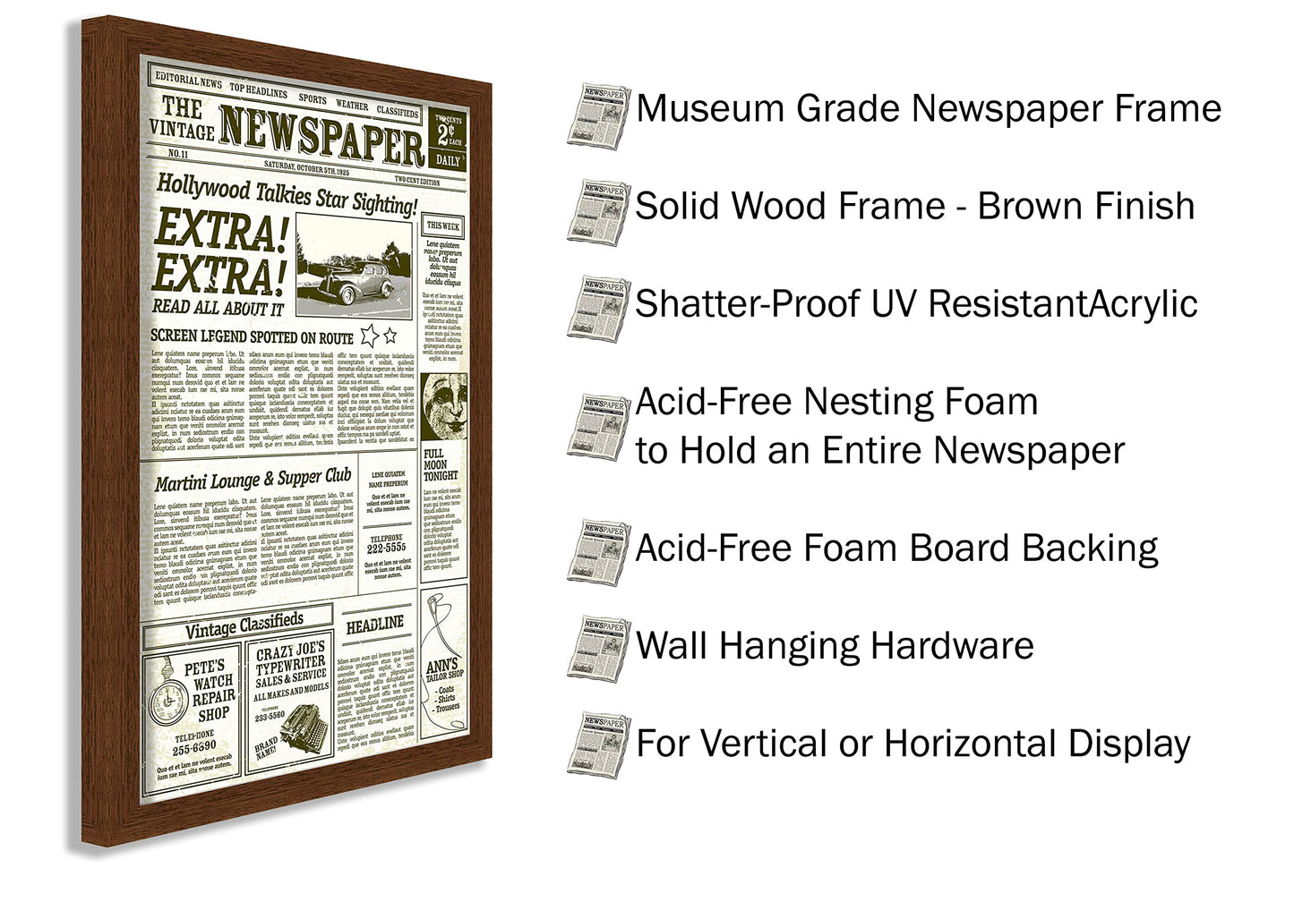 Modern Wood Newspaper Frame (Brown) Acid-Free, UV Resistant, Acrylic Plastic Front Prevents Paper from Fading Sleek Hanging Display Case for Entire Newspaper for Home or Office - 12x22.75