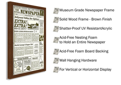 Modern Wood Newspaper Frame (Brown) Acid-Free, UV Resistant, Acrylic Plastic Front Prevents Paper from Fading Sleek Hanging Display Case for Entire Newspaper for Home or Office - 12x22.75