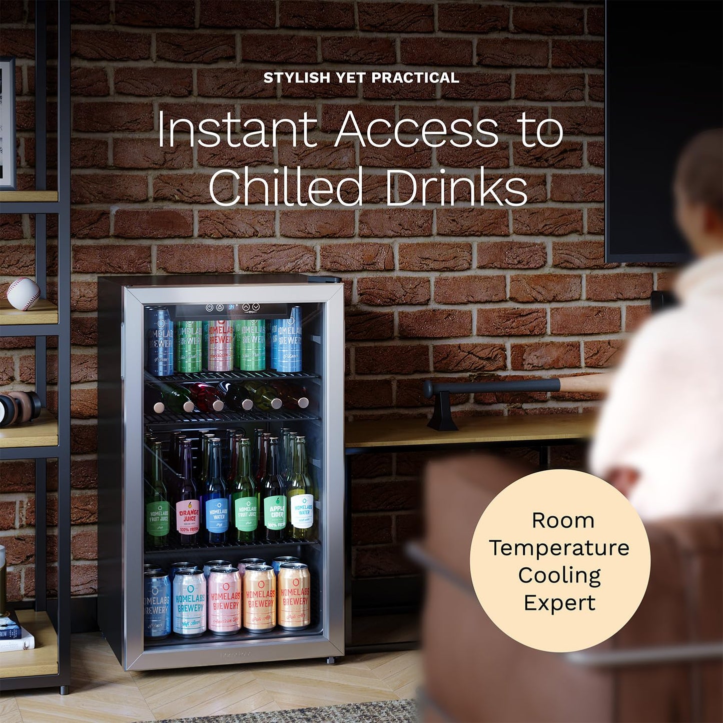 hOmeLabs Beverage Refrigerator and Cooler - Mini Fridge with Glass Door for Soda Beer or Wine - 120 Cans Capacity - Small Drink Dispenser Machine for Office or Bar with Adjustable Removable Shelves