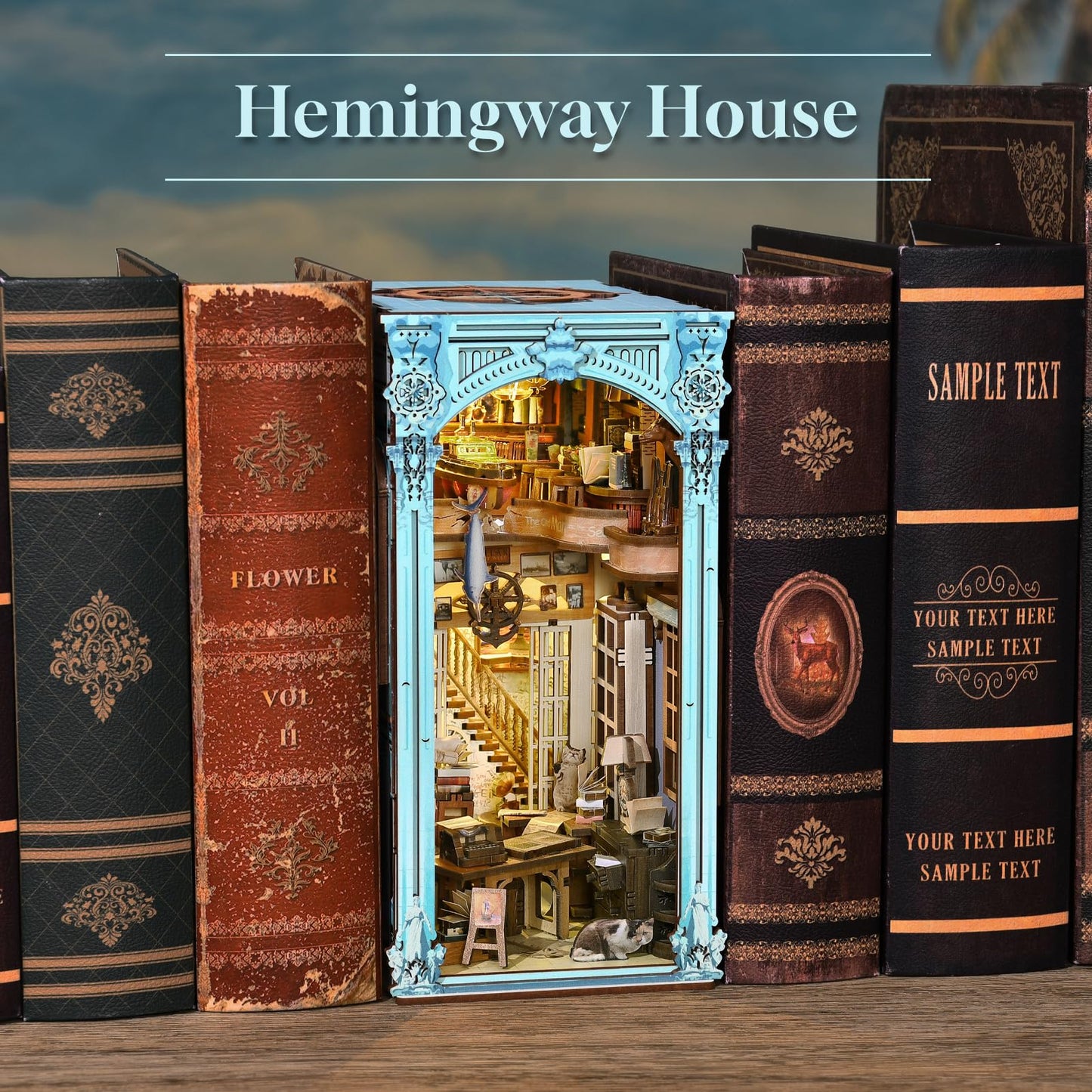 CCCDF DIY Book Nook Kit, Miniature Dollhouse Booknook Kit, 3D Wooden Puzzle Bookend Bookshelf Insert Decor with LED Light for Teens and Adults (Hemingway House)