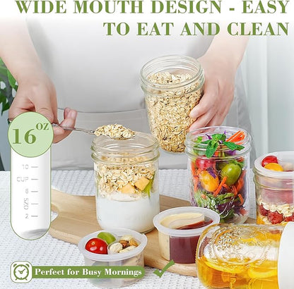 Miuyhji Overnight Oats Containers with Lids, 2-Pack Glass Mason Jars 16 oz with Lids, Folding Spoons and Separated Compartment, for Chia Pudding, Yogurt, Salad, Parfait Cups (Beige)