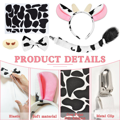 U-Zomir Cow Costume Set, Cow Ears Headband Nose Bow Tie Tail and 34pcs Adhesive Felt Pads Stickers for Halloween Cosplay DIY Dress Up (Pink)