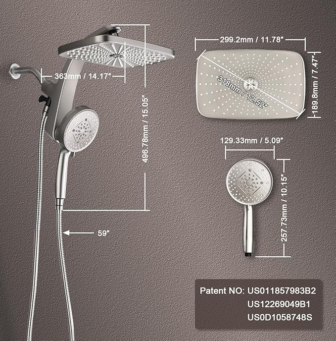 BOZYBO Rain Shower Head with Handheld: High Pressure Shower Heads with Handheld Spray Combo, 12" Rainfall Shower Head and 9 Sprays Hand Showerheads with Magnetic Docking and Power Jets, Nickel 1.75GPM