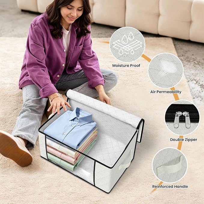 Fab totes 35L Closet Organizers and Storage, Foldable Under Bed Storage Containers, Storage bags for Organizing Bedroom, Closet, Clothing,Organization with Handle (6 Pack,Ivory)