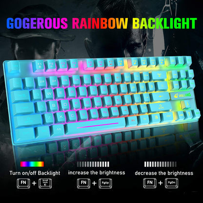 Wireless Gaming Keyboard and Mouse Combo with 87 Key Rainbow LED Backlight Rechargeable 3800mAh Battery Mechanical Feel Anti-ghosting Ergonomic Waterproof RGB Mute Mice for Computer PC Gamer (Blue)