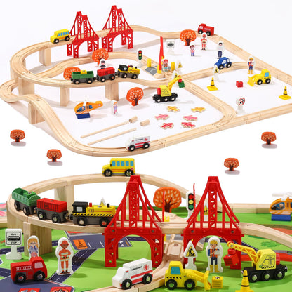 KiToyWod 100 Pcs Wooden Train Track Set, Toy Train with Tracks for Kids Ages 3-10, Compatible with Major Brands, Railway Playset for Boys and Girls Birthday Gift