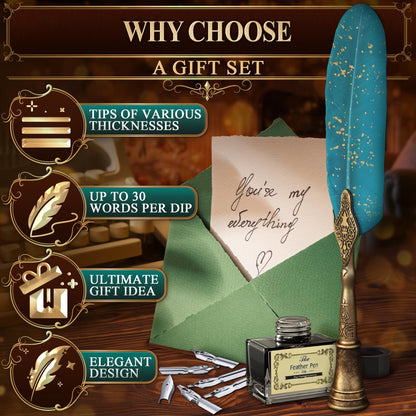 Turquoise Feather Quill Pen and Ink Set – Stainless Steel Dip Pen with 5 Nibs, Non-Slip Grip, Stand & Gift Box – Vintage Quill and Ink Set for Signing, Writing Calligraphy Kit, Elegant Writer Gift