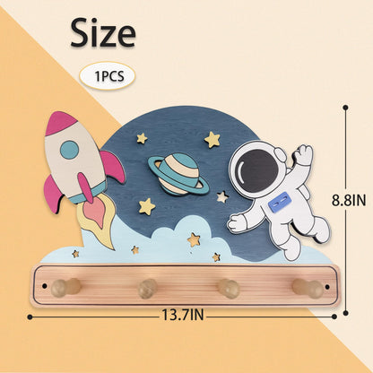 Midrean Wooden Organizer Cute Space Planet Rocket Kids Coat Rack Key Hanger Wall Mount for Coats Hats Towels Bags Hanging Decorative Wood Hook