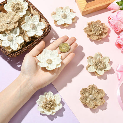 LiQunSweet 24 Pcs 6 Styles Handmade Natural Burlap 3D Fabric Flowers Burlap Rustic Ornament Accessories for Hat DIY Handmade Crafts Home Embellishment Wedding Party Decoration