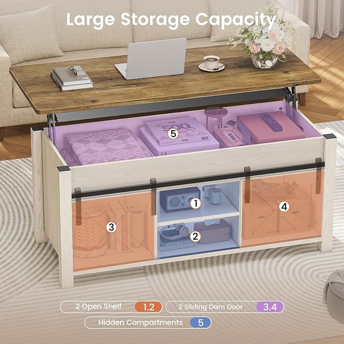 SEDETA Lift Top Coffee Table, Farmhouse Lift Tabletop Dining Table, Gas Spring, Hidden Compartment, Open Storage Shelf, for Living Room, White Brown