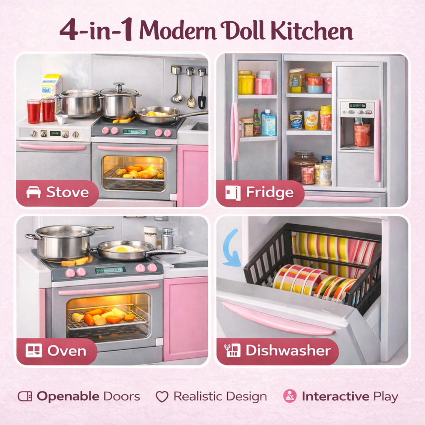 Doll Kitchen Playset for Kids, My Modern Mini Kitchen House Furniture Pretend Play Toy Accessories Set with Realistic Lights & Sounds for Toddlers, Girls (4-in-1)