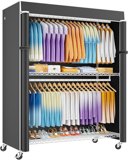ULIFHOME P8C Max Heavy Duty Clothes Rack（With Extended Width Design） Rolling Clothing Racks for Hanging Clothes with Lockable Wheels，51.2"W x 15.8"D x 80.5"H，Load 800LBS，White Rack with Black Cover