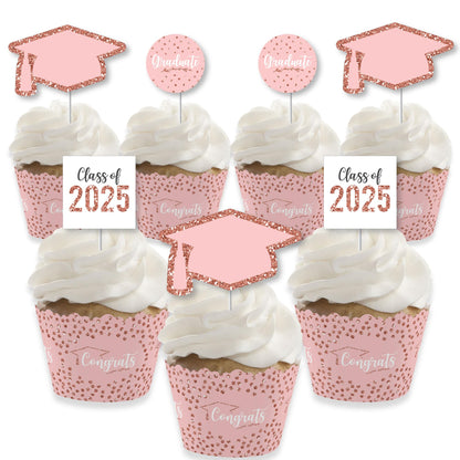 Big Dot of Happiness Rose Gold Grad - Cupcake Decoration - 2026 Graduation Party Cupcake Wrappers and Treat Picks Kit - Set of 24