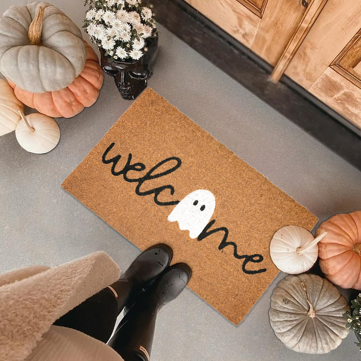 Halloween Ghost Welcome Coir Doormat 17"x30", Outdoor Front Door Mat with Cute Ghost Design, PVC Non Slip Backing, Fall Halloween Welcome Mat for Front Porch Entryway Decor