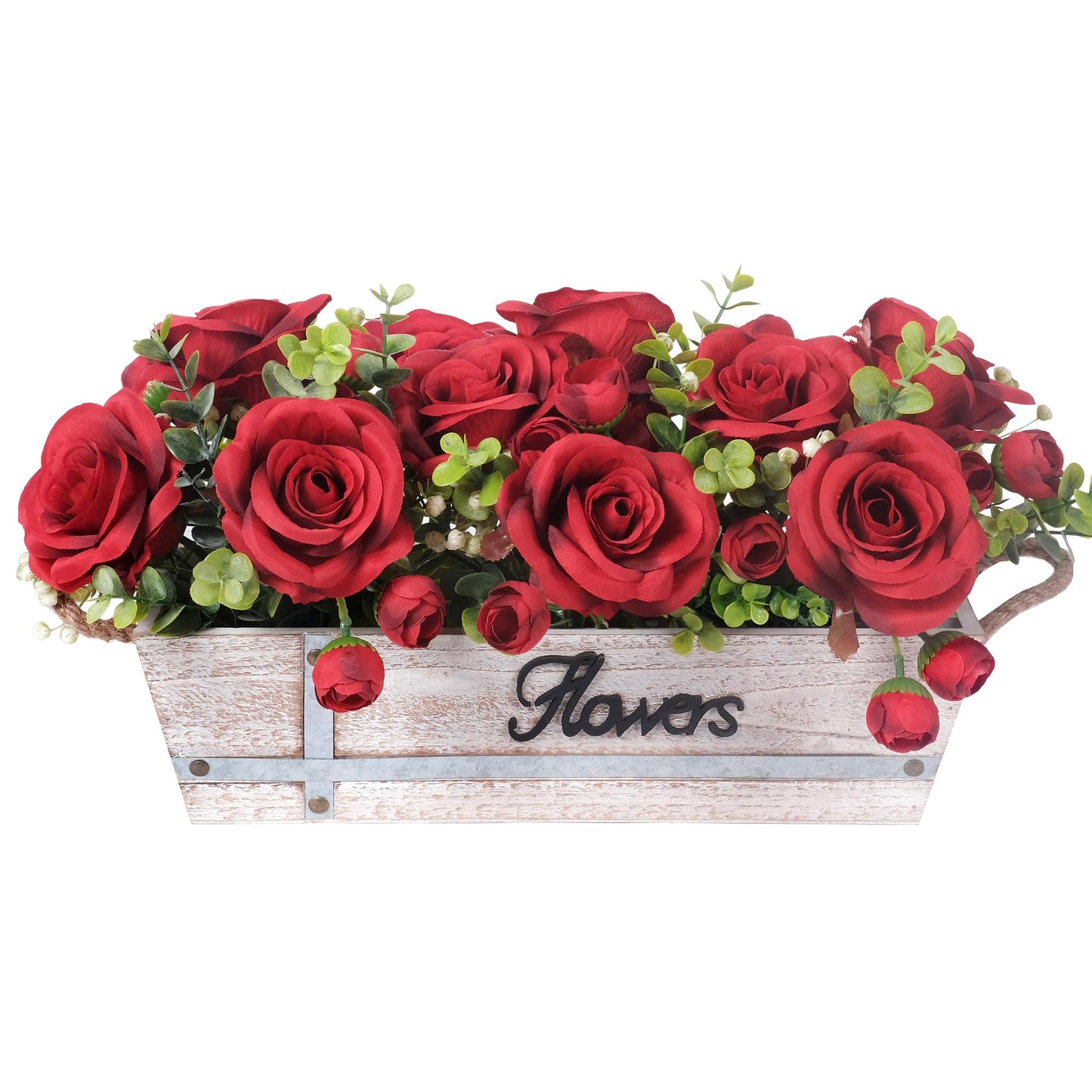 Centerpiece Table Decorations Rustic Wood Tray with 3 Artificial Red Rose Flowers and Fake Eucalyptus for Dining Room Farmhouse Living Room Kitchen and Coffee Table Décor