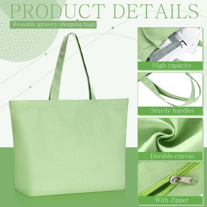 Epakh Canvas Tote Bag with Zipper - Bulk Reusable Large Blank Cotton Grocery Shopping Tote for Women Men DIY Crafting(16.5 x 3.9 x 13.4 Inch,Green Series Colors,8 Pack)