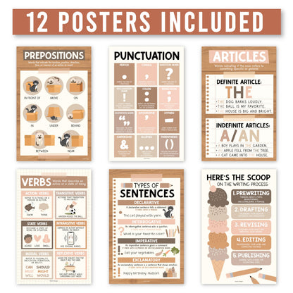 Parts of Speech Posters for Classroom Must Haves - 12 Grammar Posters, Writing Process for Homeschool, Elementary & Middle School, ELA 3rd 4th & 5th Grade Teacher Must Haves, Boho Classroom Decor