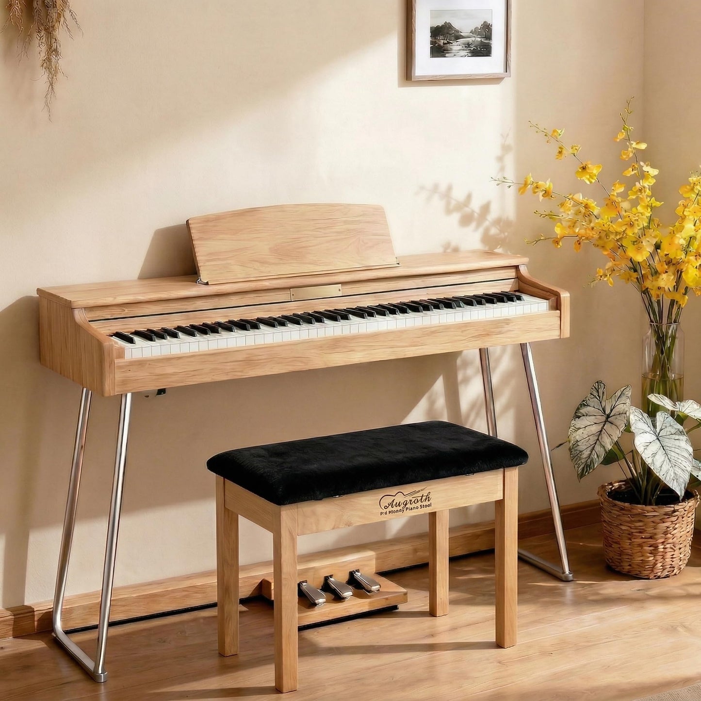 Augioth Solid Wood Piano Stool, Beech Piano Bench with Storage, Non-Composite Wood Board Piano Bench, Solid Wooden Keyboard Bench Piano Bookcase Stool Chair（Burlywood）