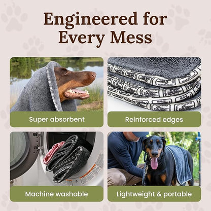 Dog Drying Towel for Dogs – Extra Large 24" x 35" Microfiber Dog Bath Towel, 1200 GSM Twisted Loop, Ultra Absorbent, Edgeless, Quick Dry for Bath, Beach & Travel, Gray