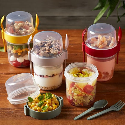 Crystalia 4 Pack 22 oz On The Go Yogurt Parfait Cups with Lids & Spoon, Large Breakfast Plastic Bowls with Topping Cereal Oatmeal Salad or Fruit Container for Snack Box