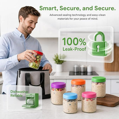EONJOE 16oz Glass Jars for Overnight Oats Snacks Salad Yogurt Pudding Cereal Candy Storage Containers Meal Prep Mason jar with Airtight lids,6 Pack