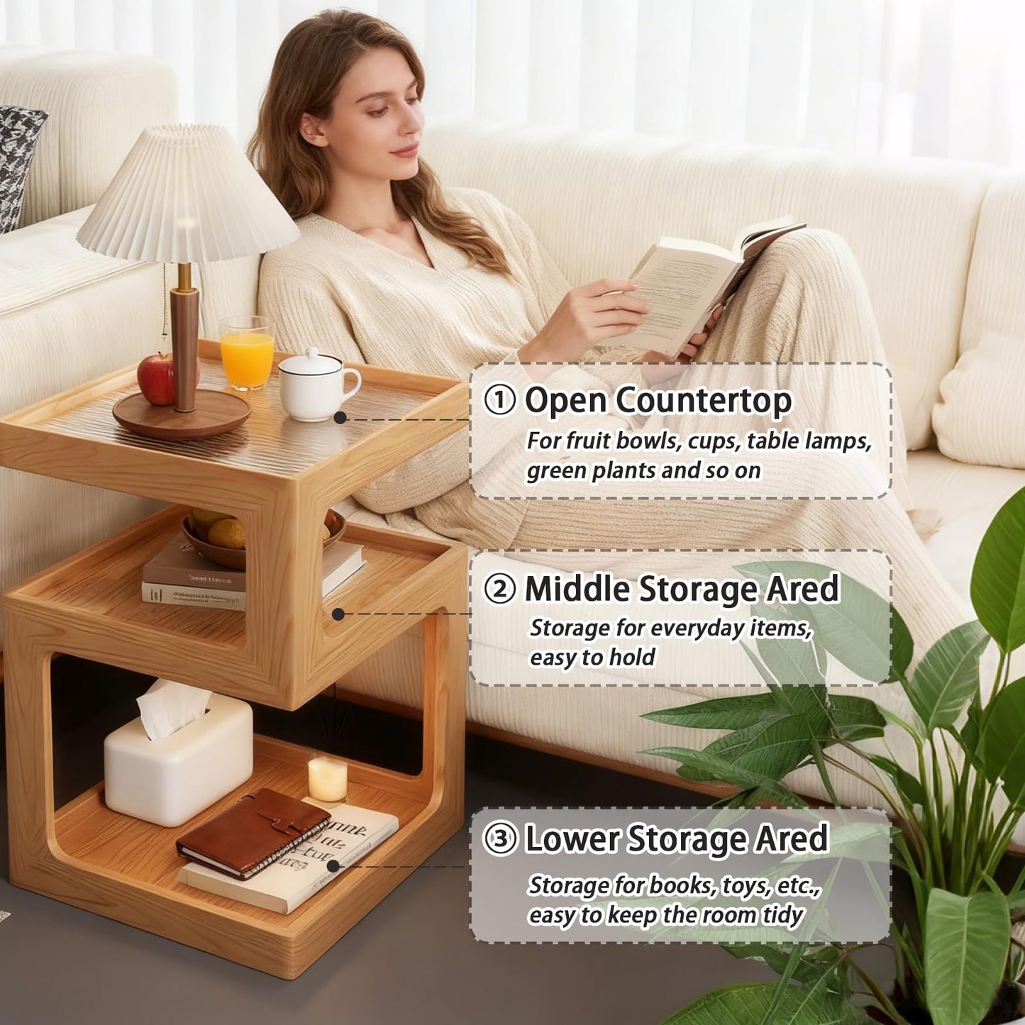 GIATUEE 3-Tier Nightstand with Storage, Modern Wooden Side Table End Table No Assembly Required, Bedside Organizer with Open Shelves for Bedroom, Living Room, Office(Wood-35cm)