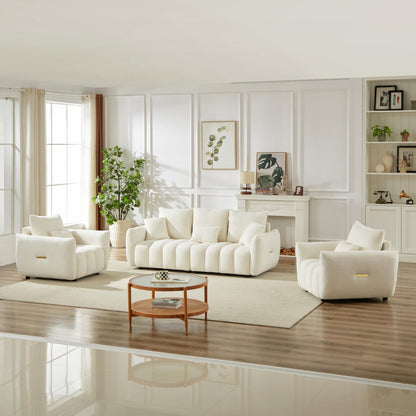 KEIKI 5 Seats Sofa Couch Set, 3 Piece Teddy Sofa Set with Throw Pillows, Wooden Frame, for Living Room, Apartment & Office, Beige