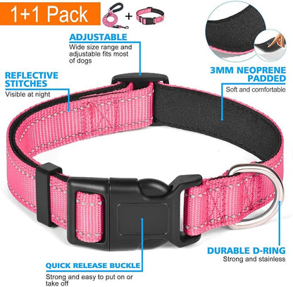Ladoogo Reflective Dog Collar Padded with Soft Neoprene Breathable Adjustable Nylon Dog Collars for Small Medium Large Dogs (Small (Pack of 1), Pink Collar+Leash)