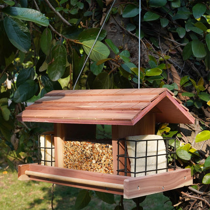 Liawm Wooden Bird Feeder for Outdoors Hanging Mount Large Capacity, Red Cedar Garden Roof Feeder with 2 Suet Cages, Cardinal Bluebird Birdfeeder for Garden Decoration Yard, Weatherproof Durable
