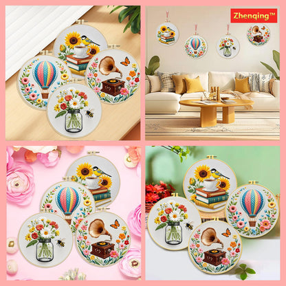 Zhenqing 4-Piece Embroidery Kit for Beginners - Complete Set with Pre-Printed 29x29cm Cotton Fabric, Hoop, Threads & Tools (Books, Hot Air Balloon, Wildflowers, Gramophone Designs)(C0159)