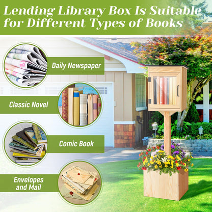 Wanderjune Outdoor Little Library Kit, Weatherproof Solid Wood Book Exchange Box with Floor Plugs & Small Flower Fence for Neighborhood, Community, Library & School(Natural Wood)