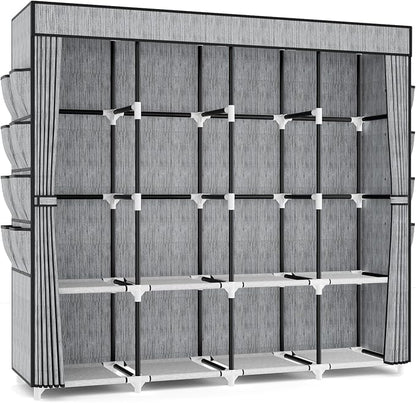 Portable Closet for Hanging Clothes, 67 Inch Wide Portable Wardrobe Closet with Cover, 4 Hanging Rod, Storage Shelves and Side Pockets, Large Free Standing Closet for Bedroom, Printing