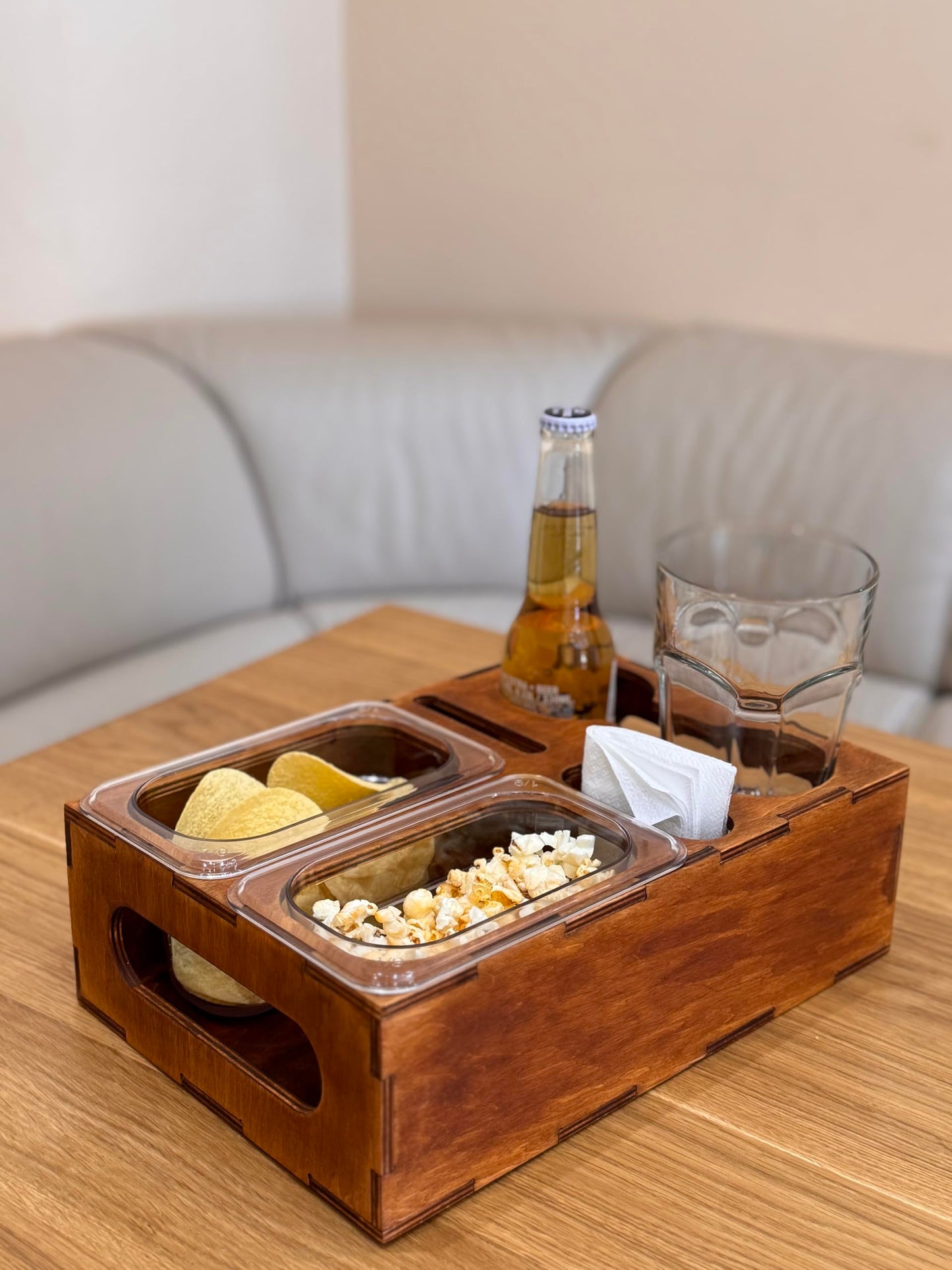 Wood Beer Box - Gift for Beer Lovers, Dad, Man, Him, Boyfriend- Drink Box Snacks Tray- Table Stand Caddy with slots for glasses, chips, nuts- Couch Organizer for Beverages, Remote Control, Phone stand
