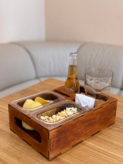 Wood Beer Box - Gift for Beer Lovers, Dad, Man, Him, Boyfriend- Drink Box Snacks Tray- Table Stand Caddy with slots for glasses, chips, nuts- Couch Organizer for Beverages, Remote Control, Phone stand