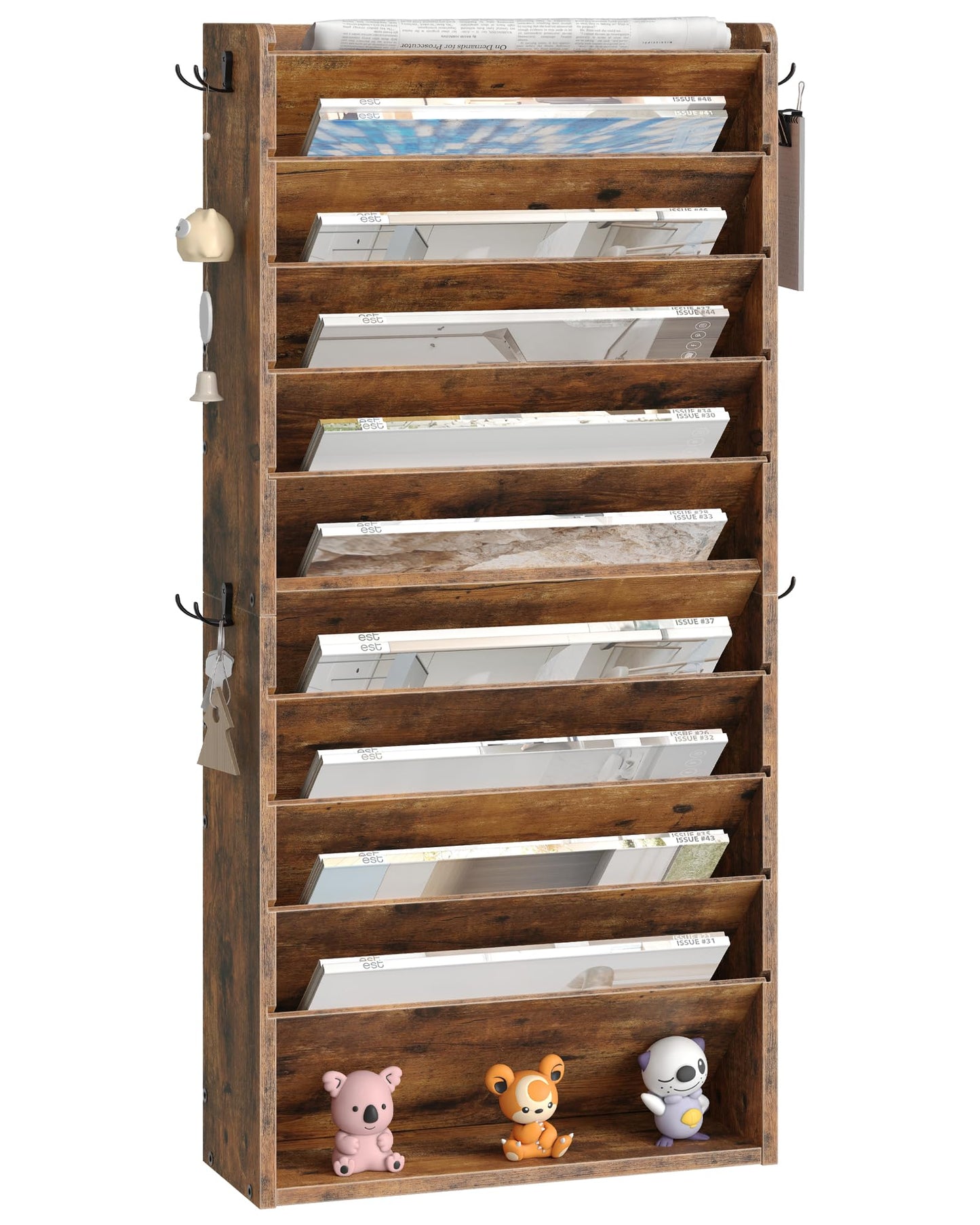 CHOEZON Wall File Organizer, 10-Tier Hanging Mail Organizer, Wall Mount File Holder with 4 Side Hooks, Mail and Storage Organizer, Wooden Vertical Hanging Holder for Office, Rustic Brown MWJ03FG