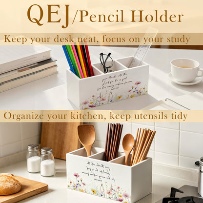 QEJ Wildflower Bible Verse Pen Holder for Desk, Christian Gifts for Women, Give thanks to the Lord Christian Wooden Box Pencil Pen Organizer for Home Office Desk Tabletop