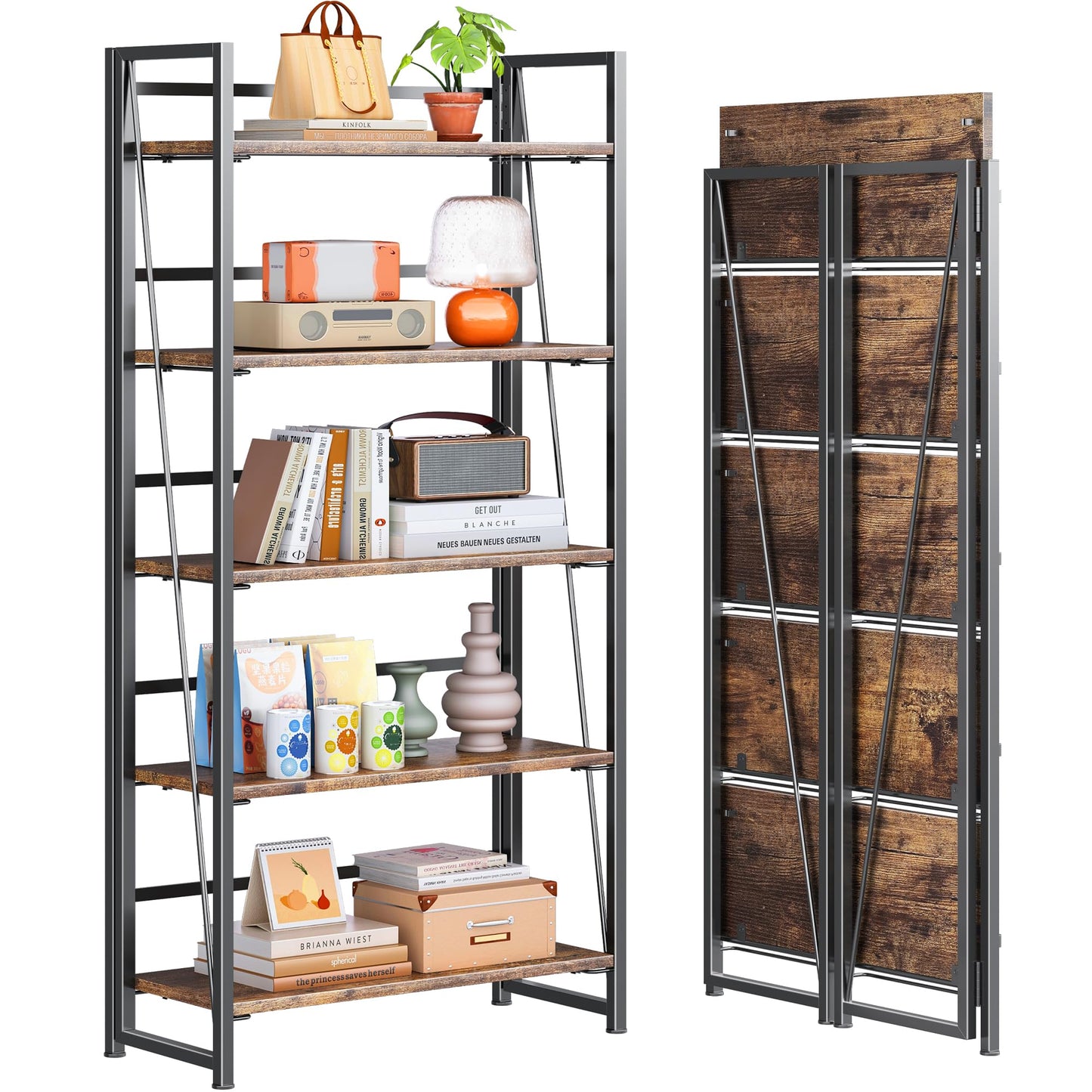 4NM No Assembly Folding Bookshelf, 5-Shelf 62.2" H Collapsible Foldable Bookcase Storage for Small Spaces, Rustic Brown and Black